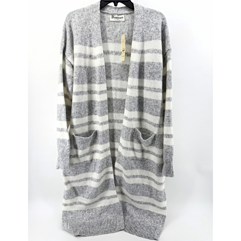 No Boundaries Duster Cardigan L 12-14 Gray White Striped Open Front Pockets NWT